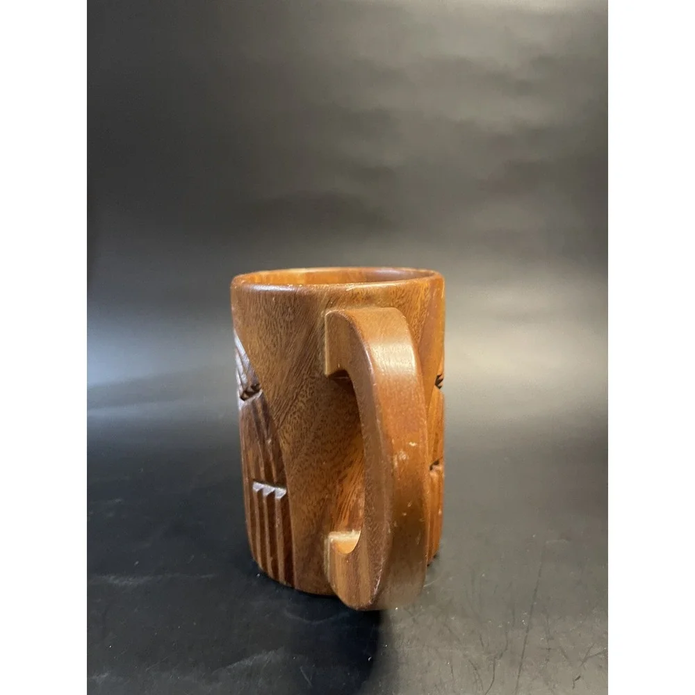 Vintage TIKI Mug Hand Carved Wood- From The Phillipines - Handled Cup
